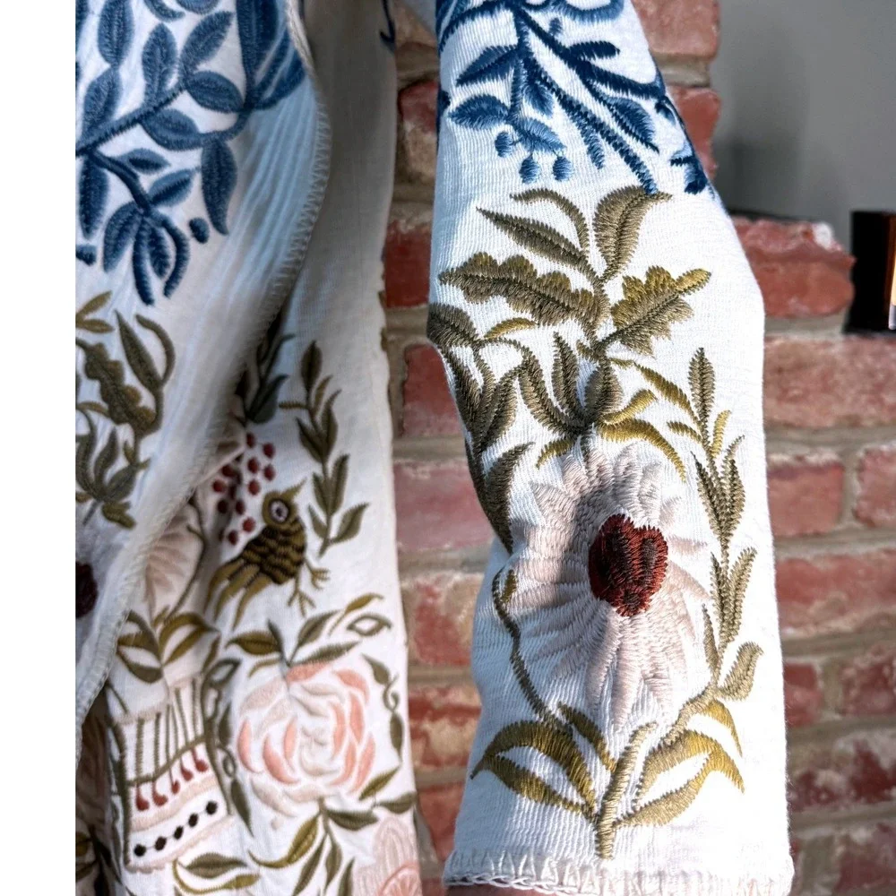 Biya Johnny Was Teresa Embroidered Hooded Cardigan Duster Ecru Bird Floral Small